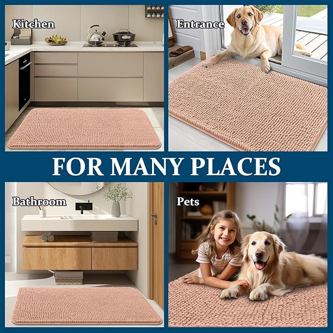 OLANLY Dog Door Mat for Muddy Paws 59x24, Absorbs Moisture and Dirt, Absorbent Non-Slip Washable Doormat, Quick Dry Chenille Mud Mat for Dogs, Entry Indoor Entryway Carpet for Inside Floor, Peach