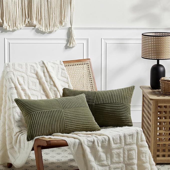 Fancy Homi 2 Packs Olive Green Lumbar Decorative Throw Pillow Covers 20x28 Inch for Living Room Couch Bed, Farmhouse Boho Home Decor, Soft Striped Corduroy Rectangle Accent Cushion Case 50x70 cm