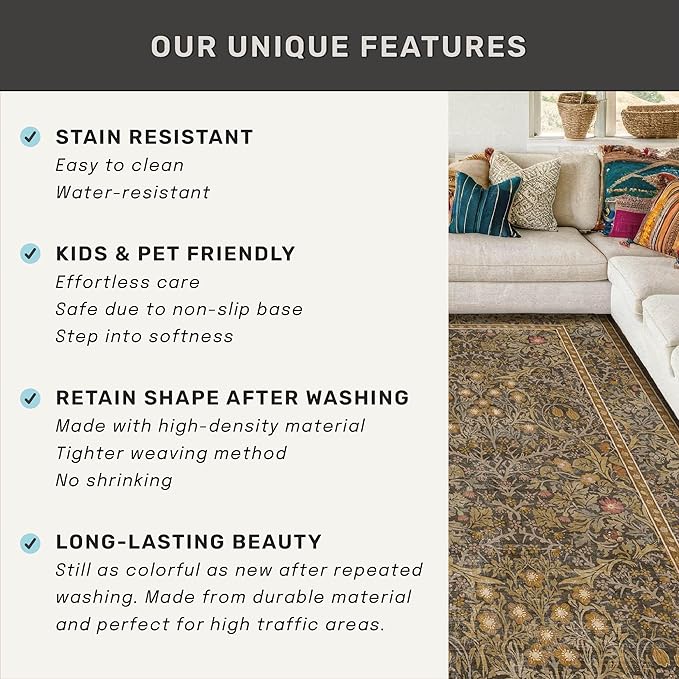 Brown Washable 2x4 Entry Rug - Front Door Rugs Indoor, Vintage Floral Style Small Rug for Kitchen, Bathroom, Non-Slip Boho Gold Entryway Décor
