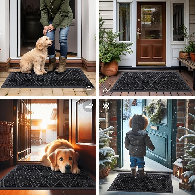 Smiry Front Door Mat Outside Entrance, Heavy Duty Sturdy Natural Rubber Doormat, Trap Dirt and Moisture, Easy Clean Low Profile Mats for Indoor Outdoor Entry, Grid Geometric (71x23, Black)