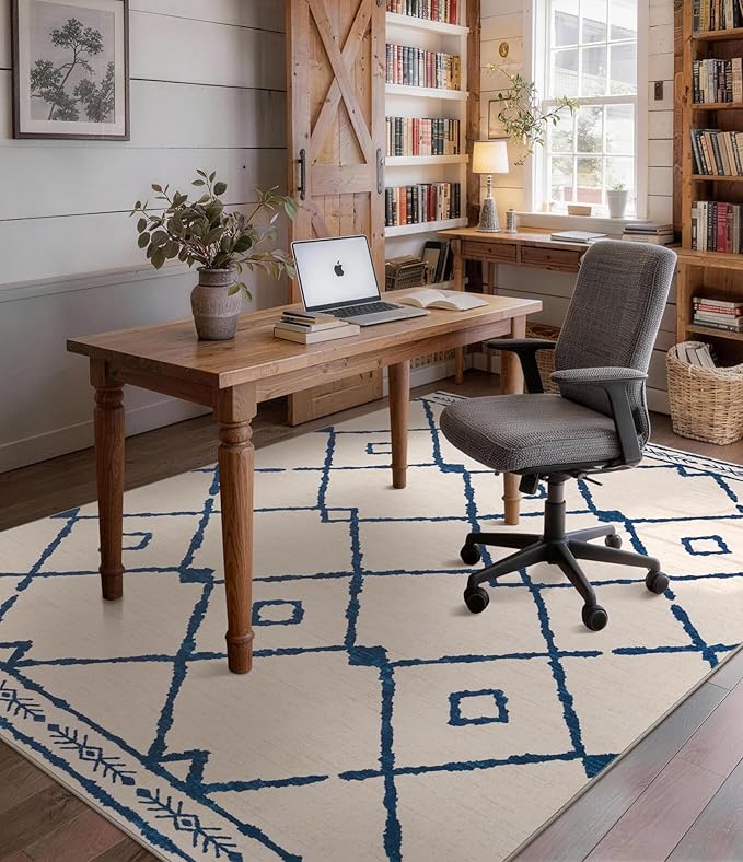 YIHOUSE Boho Rugs for Living Room, 6x9 Western Beige and Blue Area Rug, Moroccan Geometric Soft Low-Pile Washable Rugs for Bedroom, Dining Room
