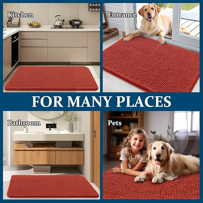 OLANLY Dog Door Mat for Muddy Paws 47x20, Absorbs Moisture and Dirt, Absorbent Non-Slip Washable Doormat, Quick Dry Chenille Mud Mat for Dogs, Entry Indoor Entryway Carpet for Inside Floor, Maple Red