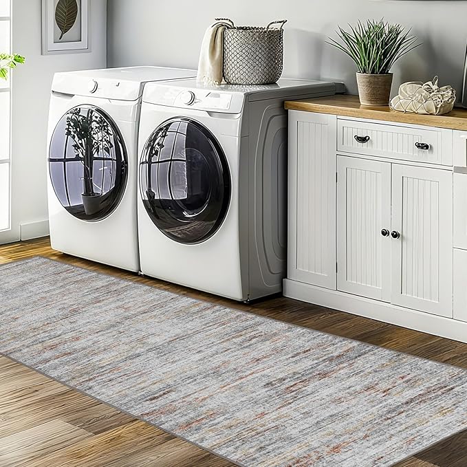 2x10 Runner Rug Non-Slip,Modern Abstract 10ft Washable Runner Rugs for Hallways, Ultra-Thin Long Kitchen Rug Runners,Stain Resistant Floor Carpet for Bedroom,Laundry Room,Entryway(Grey/Multi,2'x10')