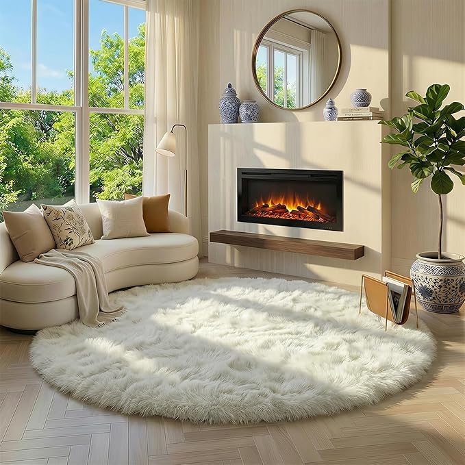 Amdrebio Ivory White Round Circle Rug 6Ft for Kids Bedroom Aesthetic, Big Shag Fluffy Fuzzy Boho Area Rugs for Living Room, Circular Plush Soft Shaggy Cream Carpet for Baby Nursery Teen Girls Boys