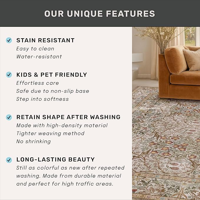 Hazo Haus Moss Green 2x5 Bathroom Rug Runners Non Slip Washable - Neutral Runner Rug for Kitchen Floor, Bedroom, Laundry Room, Hallway - Thin Vintage Oriental Taupe Bathroom Rugs Stain Resistant