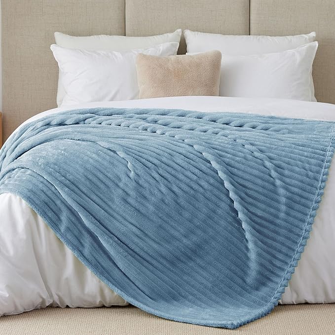 BEDELITE Blankets Queen Size for Bed, 300GSM Soft & Warm Fleece Blanket, Decorative and Giftable Striped Light Blue Blankets for Women, Men, 90"x90"