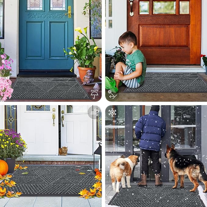 Smiry Front Door Mat Outside Entrance, Heavy Duty Sturdy Natural Rubber Doormat, Trap Dirt and Moisture, Easy Clean Low Profile Mats for Indoor Outdoor Entry, Irregular Triangle (29.5x17, Grey)