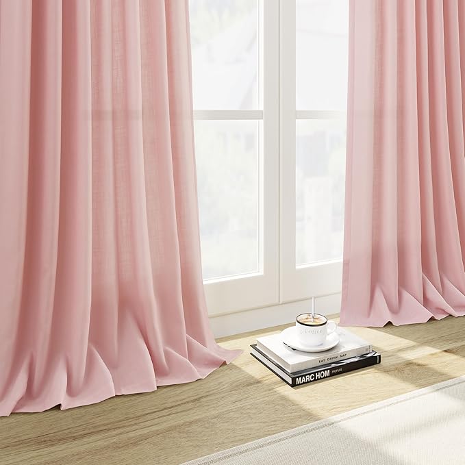 Nanspring Pink Linen Curtains 96 Inches Long 2 Panels Set for Baby Girl Bedroom Back Tab Rod Pocket Semi Sheer Light Filtering Drape for Bedroom Home Decor Protect Privacy 52x96