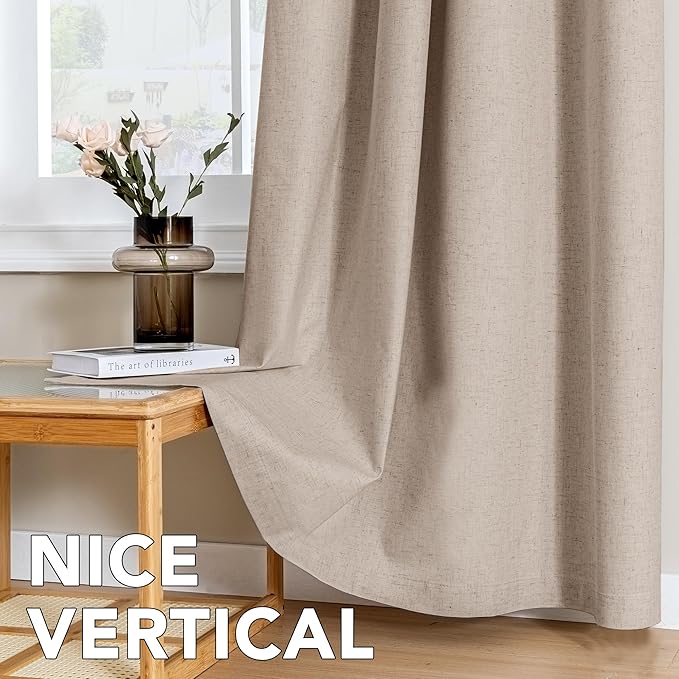 H.VERSAILTEX Linen Curtains 100% Blackout Curtains for Bedroom 108 inch Long Full Light Blocking Nature Linen Blended Window Curtains for Living Room Nickel Grommet (2 Panels, Heathered Sand)