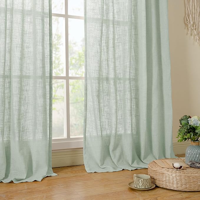 LAMIT Faux Linen Curtains 63 inches Long for Bedroom, Back Tab and Rod Pocket Linen Drapes Light Filtering Semi Sheer Curtains for Small Window/Farmhouse, 2 Panels (52 x 63 Inch, Light Sage)