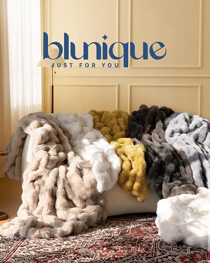 Ultra Soft Cozy Faux Fur Throw Blanket, Fuzzy Plush Thick Bubble Blanket, Oversize Luxury Fluffy Blanket for Couch, Bed, and Living Room, 60x80 Inches, Light Brown