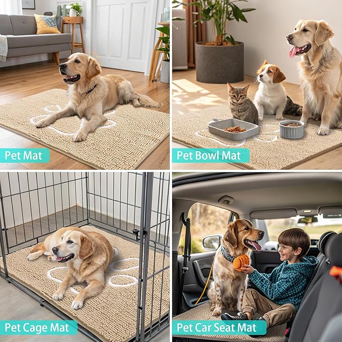 Smiry Dog Door Mat for Muddy Paws, Absorbent Dirt Trapper Non Slip Quick Dry Washable Chenille Mat for Mud Dogs, Entry Rug for Indoor and Outdoor (59x35 Inches, Beige and White)