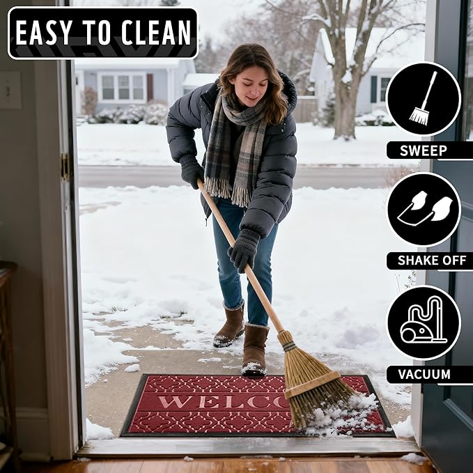 Yimobra Welcome Mat Outdoor Indoor, All-Season Waterproof Front Door Mat Outside Entrance, All-Weather Heavy Duty Non-Slip Doormat, Low Profile Porch Patio Entrance Mats, 60x36, Red