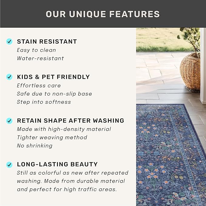 Dark Blue 2x8 Kitchen Runner Rugs - 8ft Long Machine Washable Hallway Runner Non Slip, Floral Pattern Indoor Floor Mats for Entryway, Oriental Floral Design Home Décor