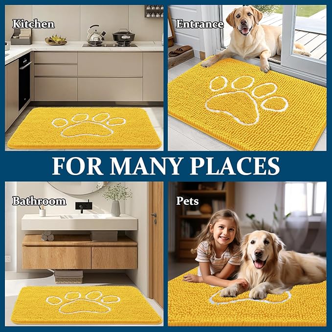 OLANLY Dog Door Mat for Muddy Paws 30x20, Paw Print Design, Absorbs Moisture and Dirt, Absorbent Non-Slip Washable Doormat, Quick Dry Chenille Mud Mat for Dogs, Entry Indoor Entryway Carpet, Yellow