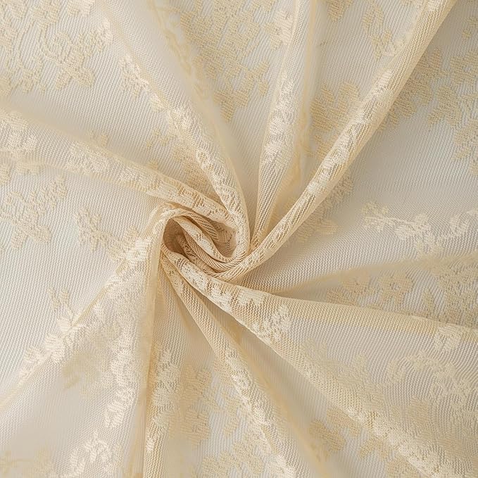 YJ YANJUN Vintage Lace Curtains 102 Inch Long-Victorian Floral Pattern Beige Sheer Curtain Panels for Living Room Home Office Light Filtering Ceiling to Floor for Large Window W52 X L102 Light Beige