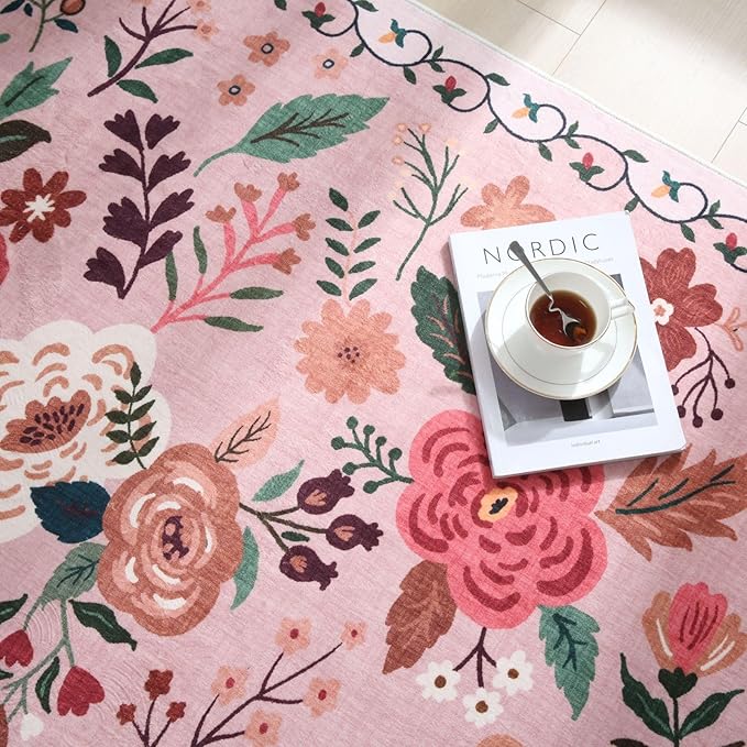Rugcomf Washable Kitchen Runner 2'7"x12' - Floral Long Hallway Runner Rug Non Slip, Boho Carpet for Entryway, Hall, Bathroom - Pink
