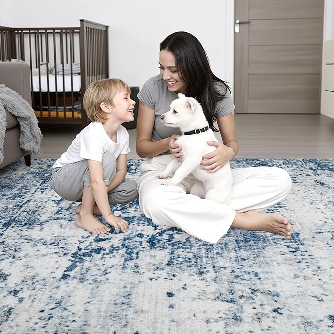 8x10 Area Rug Living Room Rug: Washable Modern Abstract Soft Thin Rug Indoor Floor No Slip Stain Resistant Carpet for Bedroom Dining Room Farmhouse Nursery Home Office - Blue