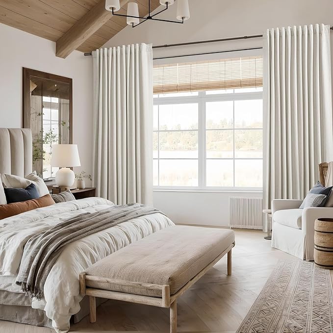 Guken Cream 100% Blackout Cream Linen Curtains 52 Inch Wide by 128 Inch 2 Panels Set for Living Room Bedroom Back Tab Thermal Insulated Black Out Drapes Room Darkening Window Curtains