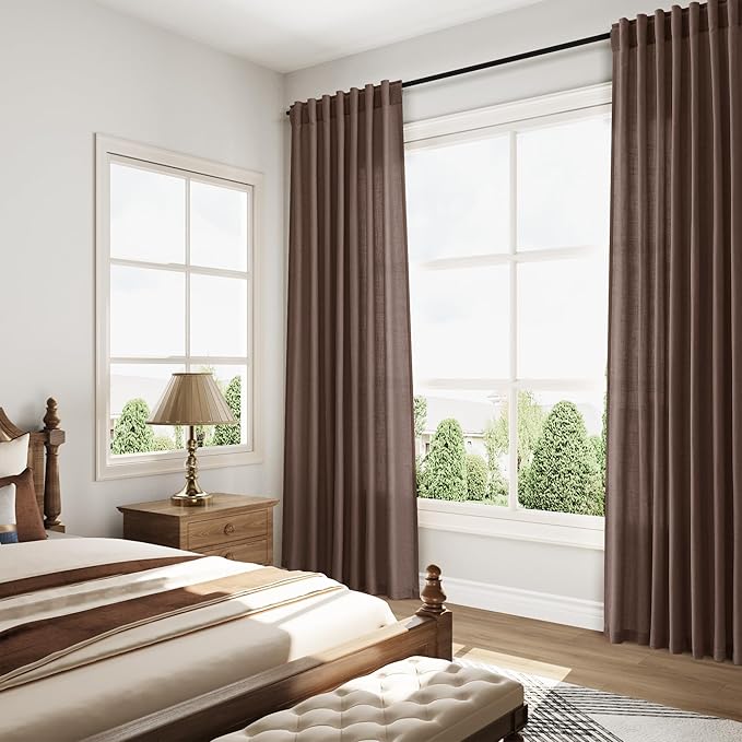 Extra Long Curtain Cappuccino Morden Linen Blend Light Filtering Back Tab Curtains for Long Winodws 120 Inches Length, Semi Sheer Privacy Drapes for Living Room, 52x120 inch, 2 Panels