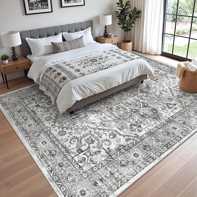 zesthome 8x10 Area Rugs for Living Room,Non-Slip Backing Washable Rugs,Vintage Large Area Rug,Stain Resistant Home Decor Rug (Grey/White,8'x10')