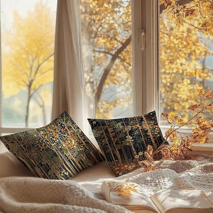Rustic William Morris Inspired Autumn Forest Decor Throw Pillow Covers 18x18 Set of 2, Vintage Botanical Nature Decorative Throw Pillow Covers for Home Bedroom Living Room,Fall Home Room Decor