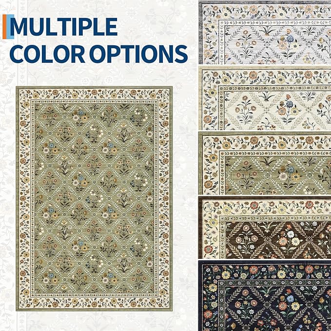 GarveeHome Living Room Rug 5x7 Rug Machine Washable Stain Resistant Area Rug Non Slip Floral Vintage Low Pile Rugs for Living Room, Bedroom, Farmhouse, Dining Room, Kids PlayroomGreen