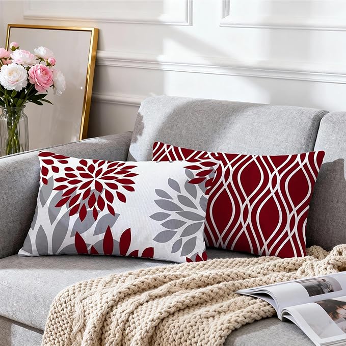 Hexagram Geometric Burgundy Pillow Covers 12x20 Set of 4, Decorative Outdoor Boho Modern Throw Pillow Covers, Home Sweet Home Farmhouse Cushion Case for Couch Sofa Bedroom Indoor Decor(No Insert)