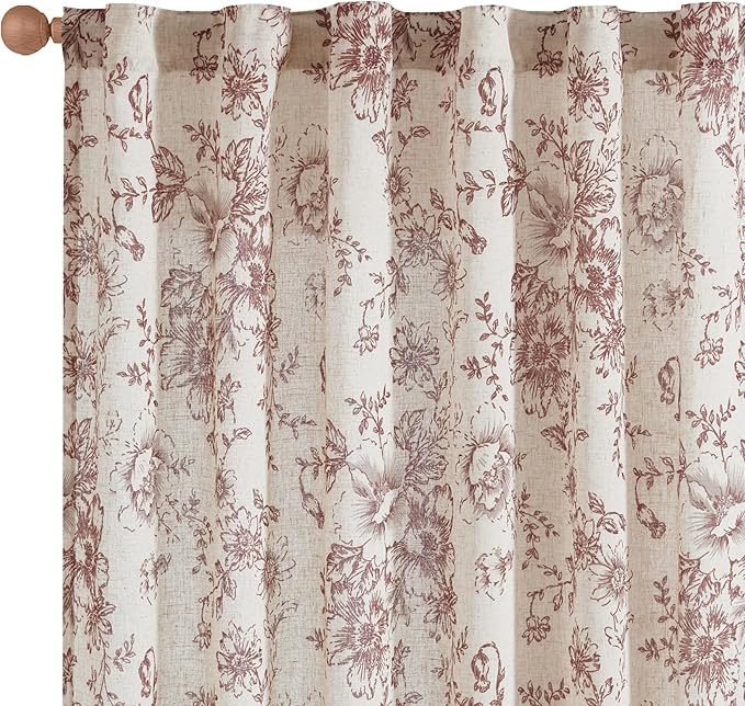 jinchan Linen Blend Curtain Floral Curtains for Living Room 90 Inch Length Farmhouse Brick Red Printed Curtain Rod Pocket Back Tab Peony Flower Patterned Drapes Curtains Set 2 Panels