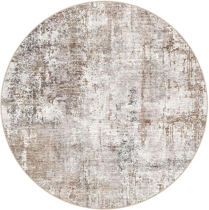 UERMEI 6ft Round Area Rug Living Room Rugs - 6x6 Washable Neutral Modern Abstract Soft Thin Rug Indoor Floor No Slip Rug Carpet for Bedroom Under Dining Table Home Office Decor - Brown/Grey/Red