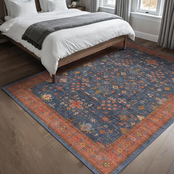 Hazo Haus Navy Blue Area Rug 5x7 Living Room Rug - Machine Washable Rugs for Bedroom, Dining Room, Kitchen Floor, Small Office, Low Pile Non-Slip Rubber Backing & Stain Resistance