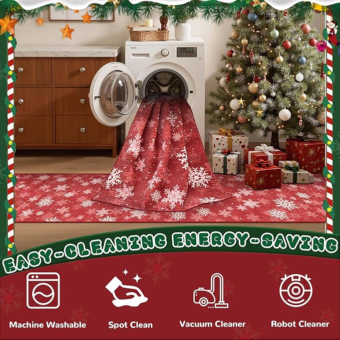 2x3 Christmas Doormat for Entryway, Washable Christmas Rugs Bathroom,Snowflake Front Porch Runner Rug,Non-Slip Red and White Christmas Decor Indoor(2'x3', Red/White)