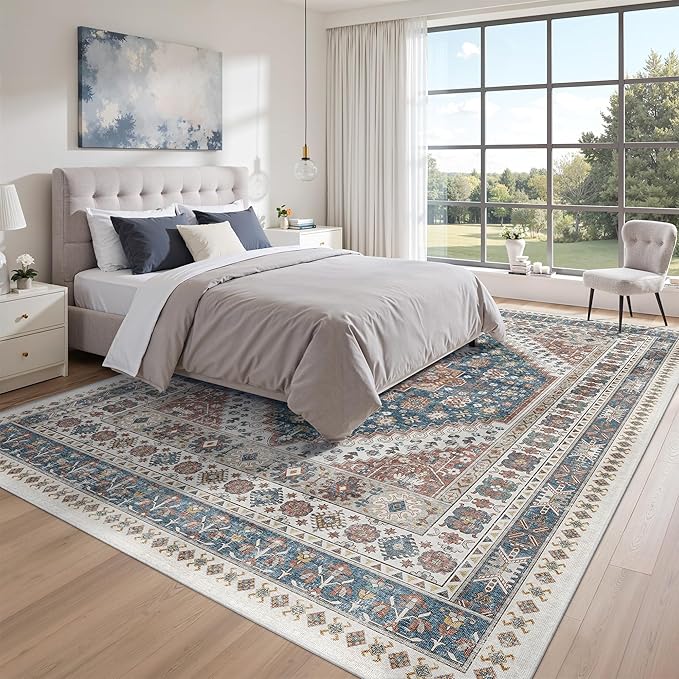 zesthome 8x10 Area Rugs for Living Room,Non-Slip Backing Washable Rugs,Vintage Large Area Rug,Stain Resistant Home Decor Rug (Navy Blue/Red,8'x10')