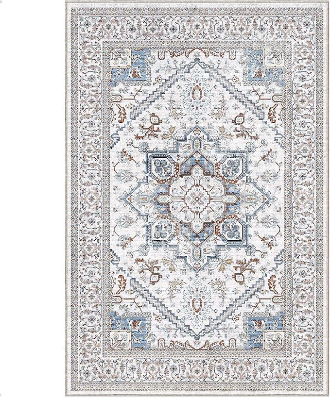 OPPODREAM Soft 6x9 Area Rugs, Neutral Washable Rug 6x9 with Non Slip Backing, Faux Cashmere Low-Pile 6 x 9 Carpet, Cream White & Blue & Light Brown