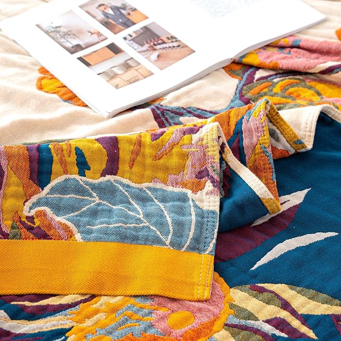 MSGKV 100% Cotton Throw Blanket for Bed Couch Fall 90''x 98'' Super Soft Muslin Blankets Warm Boho Quilt Lightweight Farmhouse Decorative Bed Blankets
