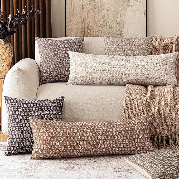 Foindtower Set of 2 Decorative Vintage Long Lumbar Throw Pillow Covers Neutral Modern Farmhouse Cushion Covers Floral Home Decor for Sofa Couch Chair Bedroom Living Room,14×36 Inch,Wine Red