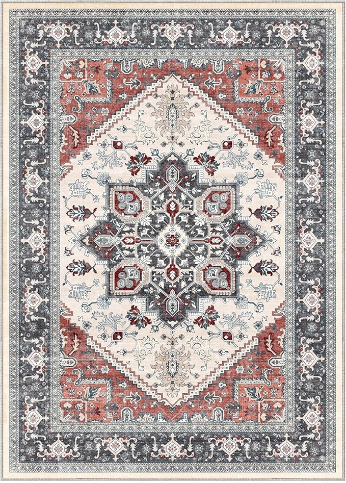 OPPODREAM Soft Area Rugs 9x12 Living Room, Washable Rugs 9x12 with Non Slip Backing, Faux Cashmere Low-Pile 9 x 12 Carpet, Black & Red