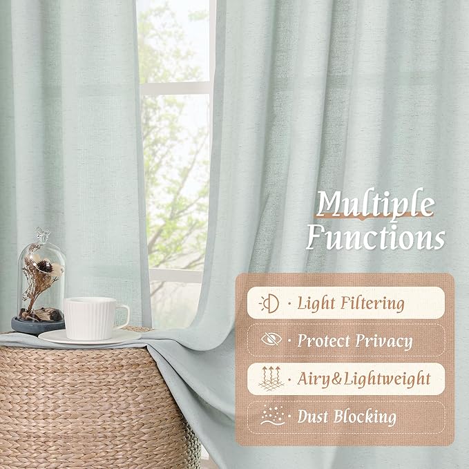 LAMIT Linen Blended Curtains 72 inch for Bedroom, Linen Textured Light Filtering Drapes Rod Pocket Boho Neutral Panels for Farmhouse/Living Room, 2 Panels, 52 x 72 Inch, Light Blue