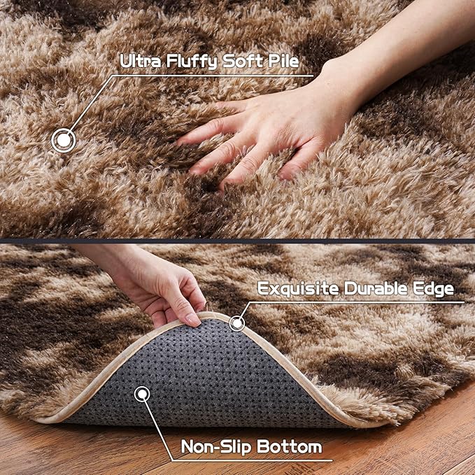 Pionblank Fluffy Runner Rugs for Bedroom 2x6, Modern Shaggy Brown Area Rug for Hallway Living Room, Plush Soft Fuzzy Bedside Carpet for Kids Girls Boys Room Nursery, Tie-Dyed Coffee
