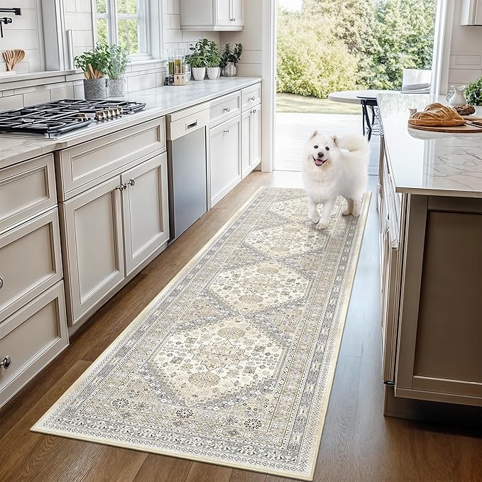 3x10 Runner Rug Non Slip Washable for Entryway, Front Porch, Vintage Hallway Runner for Laundry Room, Bedroom, Stain Resistant Thin Indoor Kitchen Mats for Floor(Beige,3'x10')