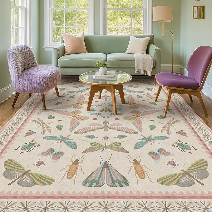 Hazo Haus Butterfly Area Rugs 5x7 for Baby Nursery, Cute Light Pink Rugs for Bedroom Girls, Living Room, Kids Room Playroom Reading Corner, Washable Ultra Soft Stain Resistant Floral Floor Decor