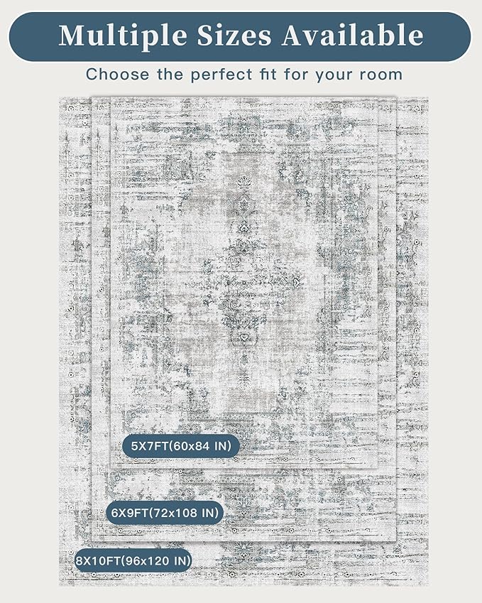 Madane 8x10 Area Rugs for Living Room, Machine Washable Vintage Rug with Non-Slip Backing, Soft Throw Large Rug, Thin Carpet for Bedroom Dining Room Farmhouse Under Table, Blue/Grey