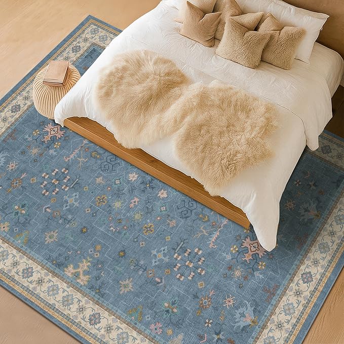 Hazo Haus Blue Big Rugs for Living Room - Dusty Blue 10x12 Area Rug for Large Bedroom, Dining Room, Washable Lightweight Foldable Floral Modern Home Décor