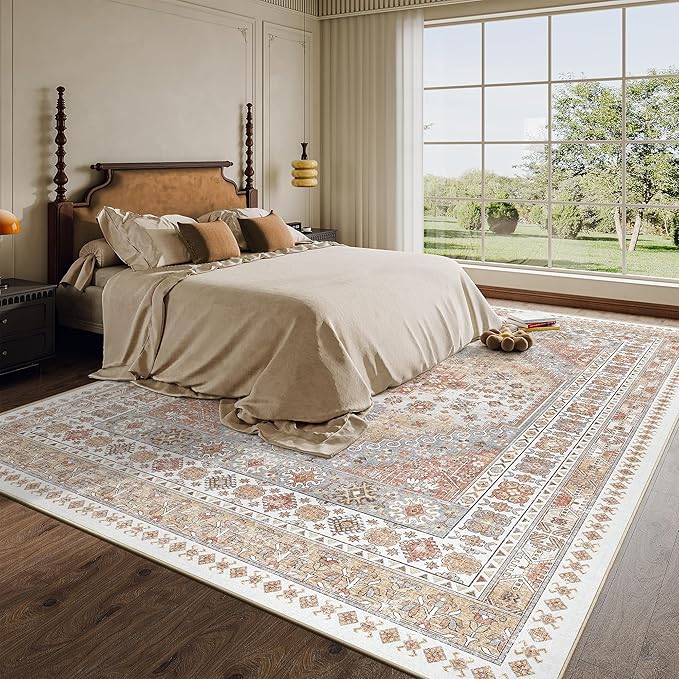zesthome 8x10 Area Rugs for Living Room,Non-Slip Backing Washable Rugs,Vintage Large Area Rug,Stain Resistant Home Decor Rug (Orange,8'x10')