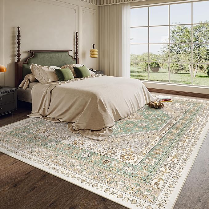 zesthome 8x10 Area Rugs for Living Room,Non-Slip Backing Washable Rugs,Vintage Large Area Rug,Stain Resistant Home Decor Rug (Green/Brown,8'x10')