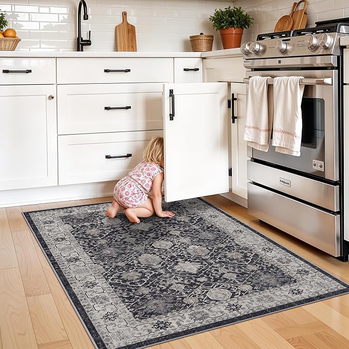 Washable 3x4 Entryway Area Rugs: Ultra Soft Low Pile Carpet for Kitchen Nursery Indoor Light-Weight Doormat Anti-Slip Thin Entry Rug for Living Room Bedroom Small Vintage Floor Mat(3x4,Black)