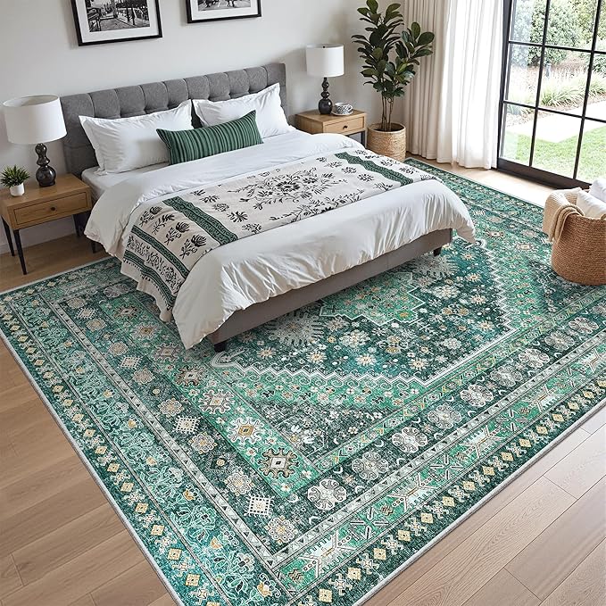 zesthome 8x10 Area Rugs for Living Room,Non-Slip Backing Washable Rugs,Vintage Large Area Rug,Stain Resistant Home Decor Rug(Green/Teal,8'x10')