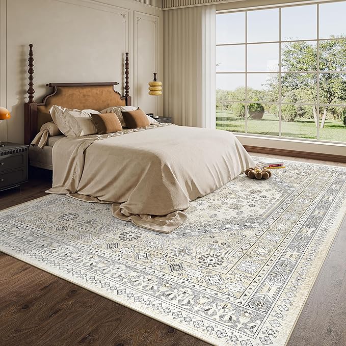 zesthome 8x10 Area Rugs for Living Room,Non-Slip Backing Washable Rugs,Vintage Large Area Rug,Stain Resistant Home Decor Rug (Beige,8'x10')