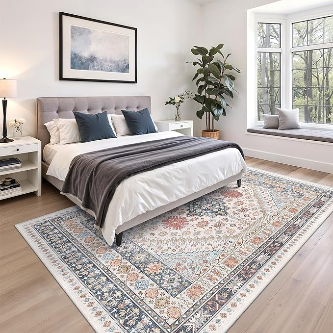 zesthome 5x8 Area Rugs for Living Room,Non-Slip Backing Washable Rugs,Vintage Large Area Rug,Stain Resistant Home Decor Rug (Multi,5'x8')