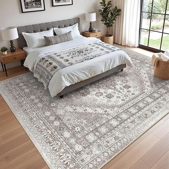 zesthome 8x10 Area Rugs for Living Room,Non-Slip Backing Washable Rugs,Vintage Large Area Rug,Stain Resistant Home Decor Rug (Brown/Beige,8'x10')